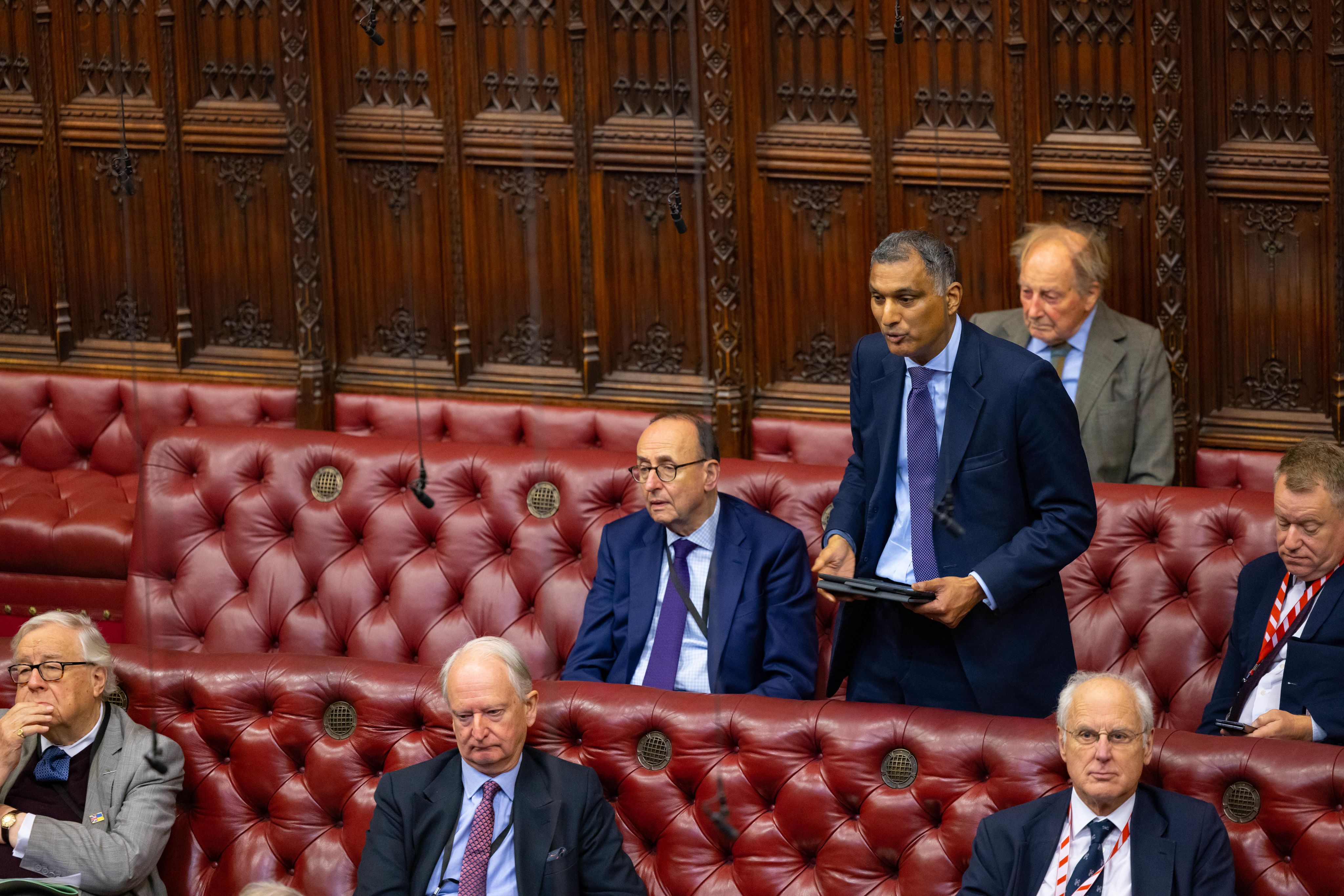Lord Kamall stands in the Lords chamber to speak. Other members are seated on the red benches around him