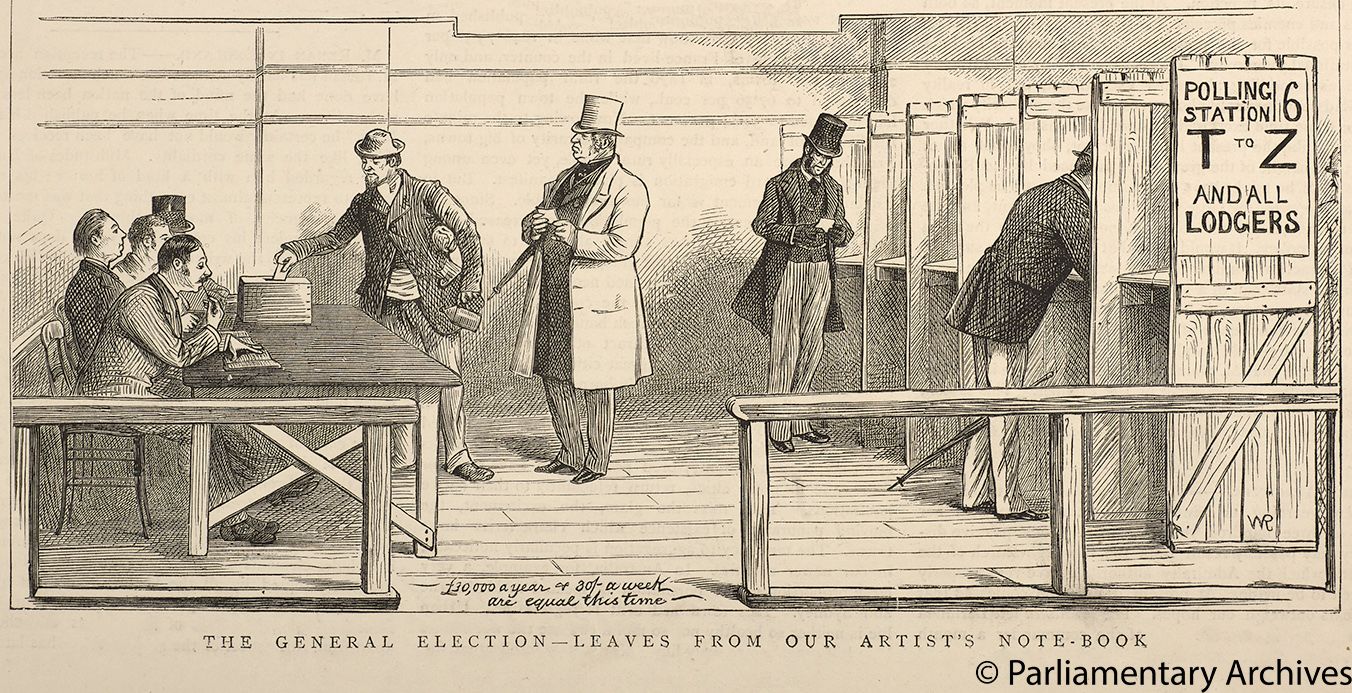 Shows men in a polling station voting in booths