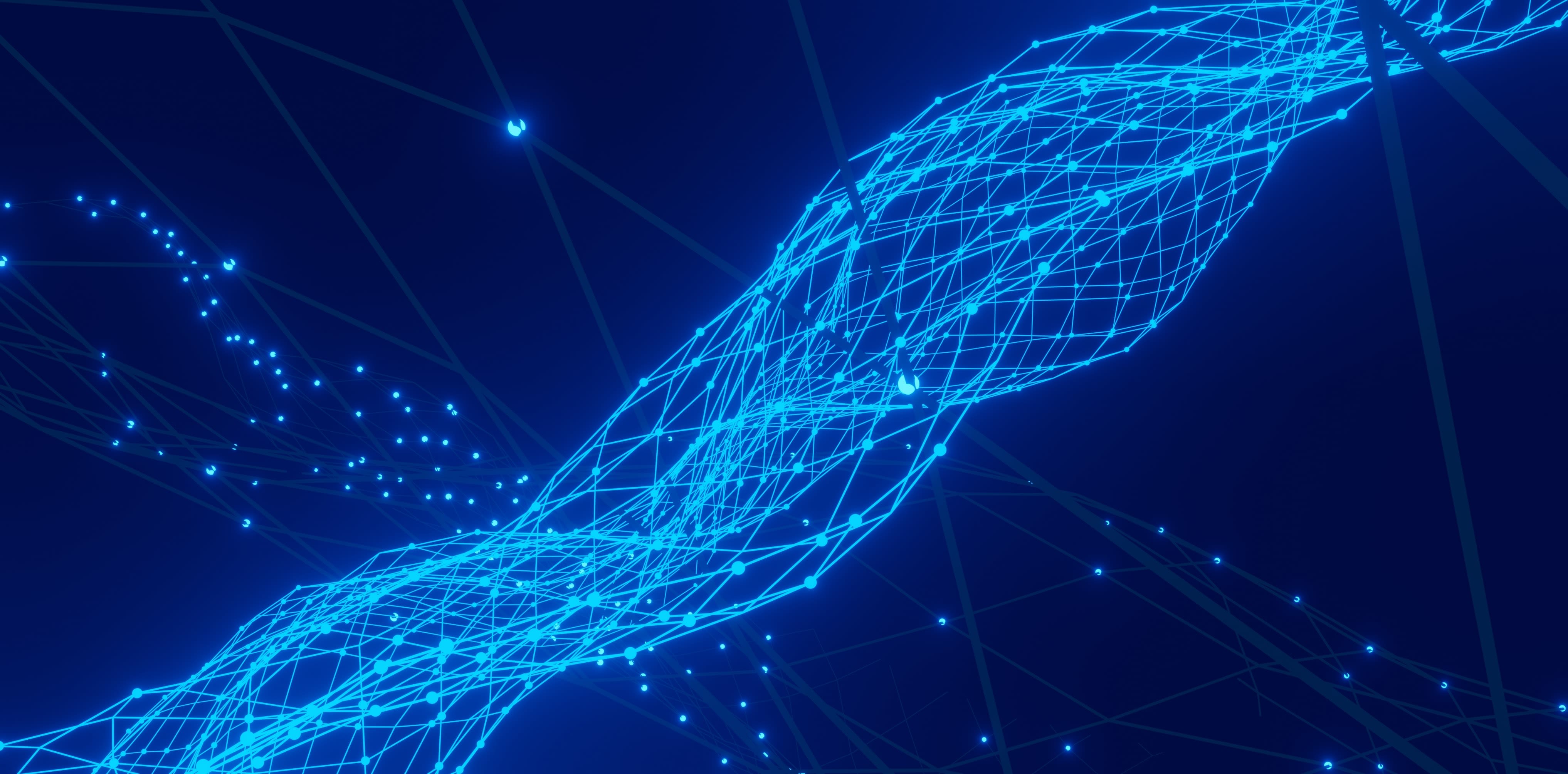 Abstract digital art showing a web of light blue connections on a dark blue background