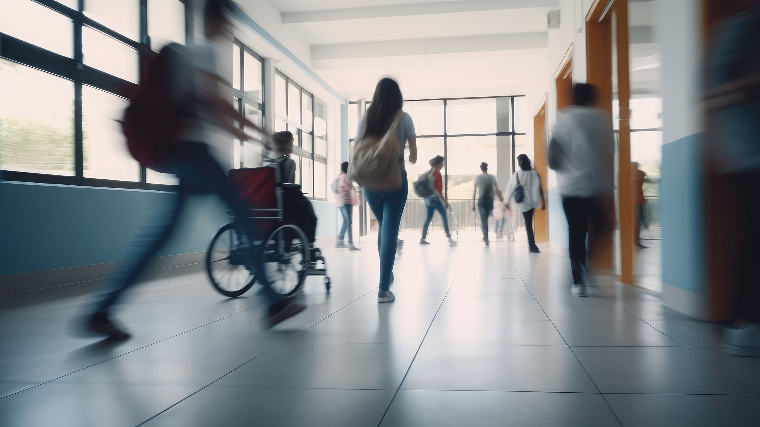 School corridor in which students are walking and one is in a wheelchair