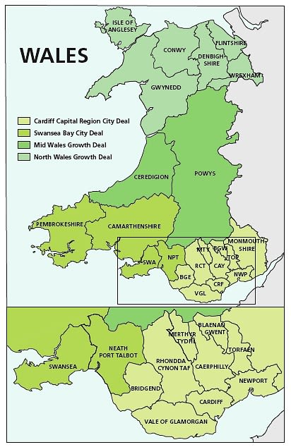 Map of Wales with magnified cross section of current regions and local authorities involved in each city and growth deal