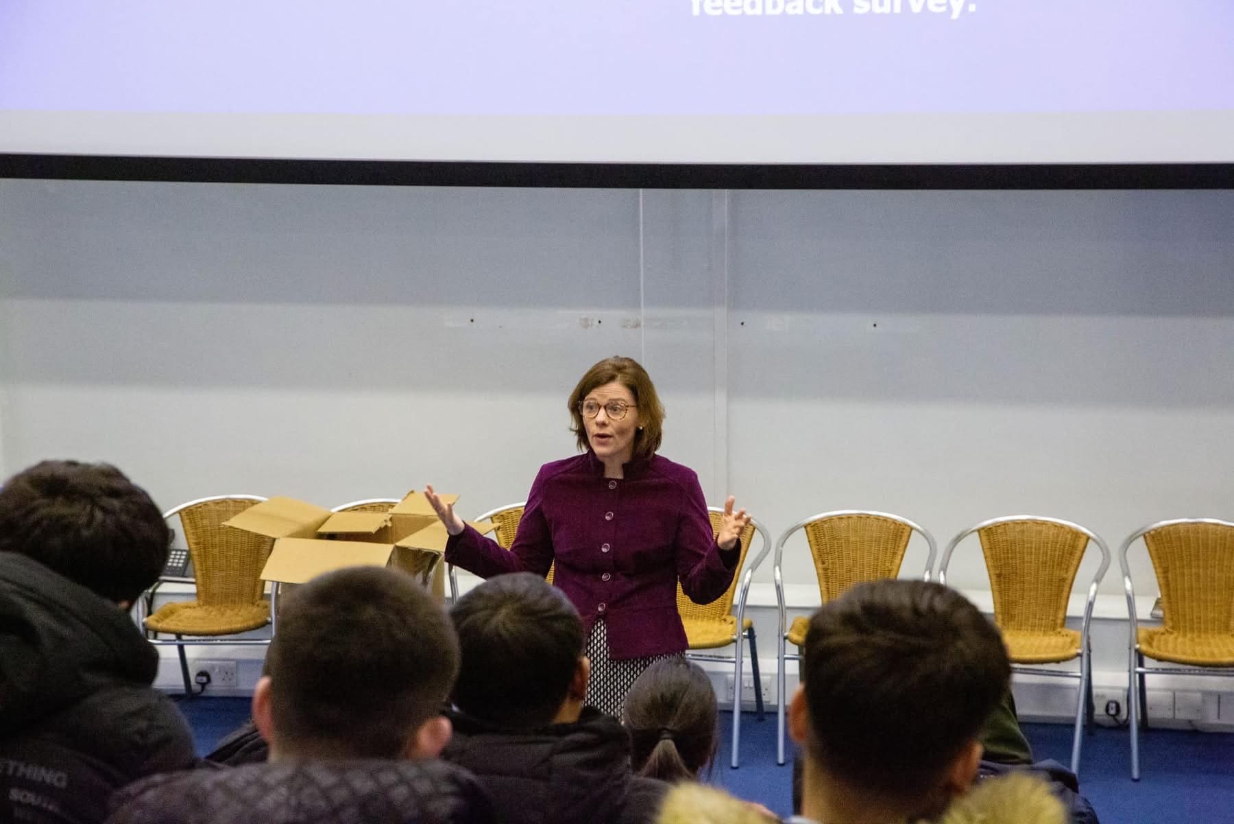 Alex Baker MP speaking to ESOL learners at Farnborough College