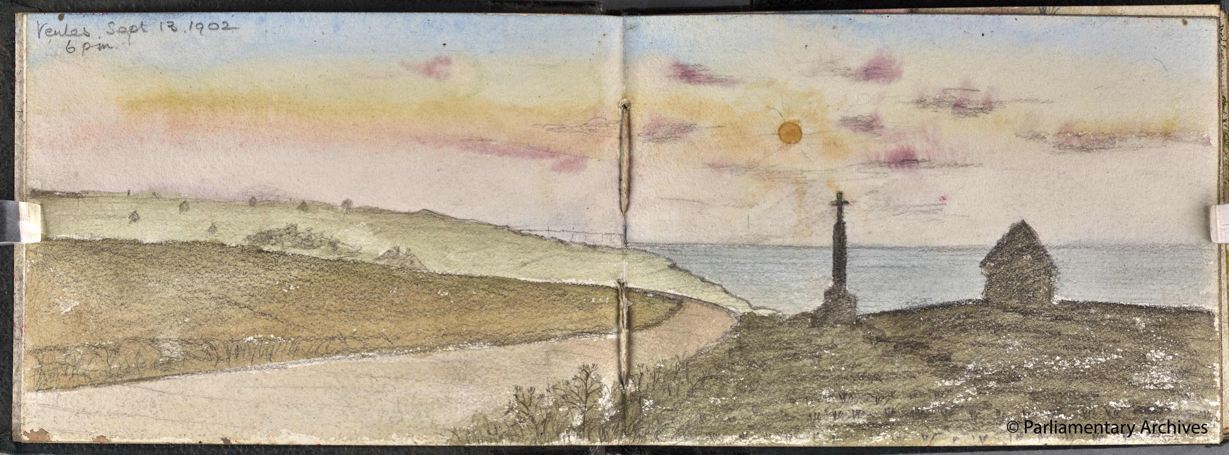 Watercolour painting in a sketch book. The view is looking out to see from the coastline.