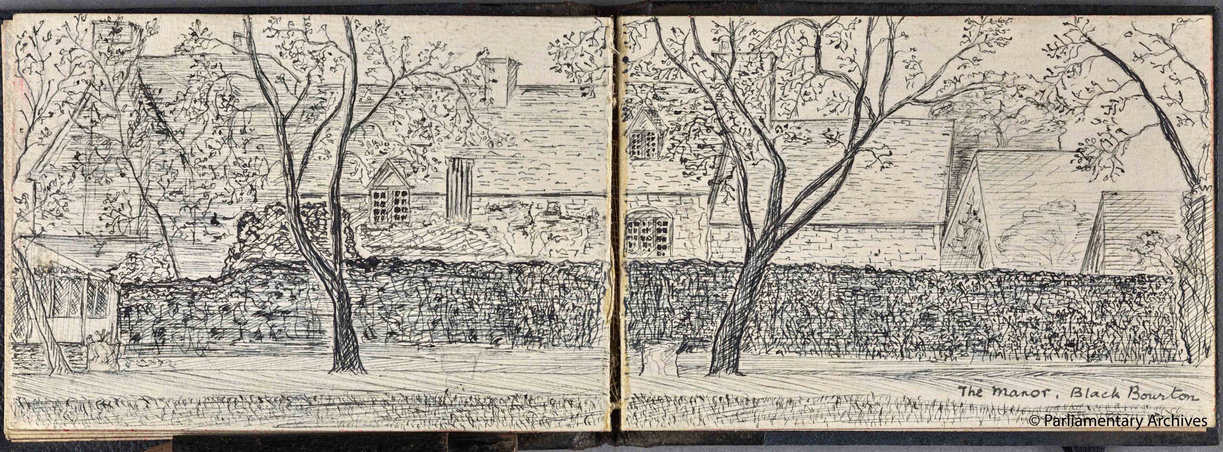 drawing of a building with a large wall and tree in front