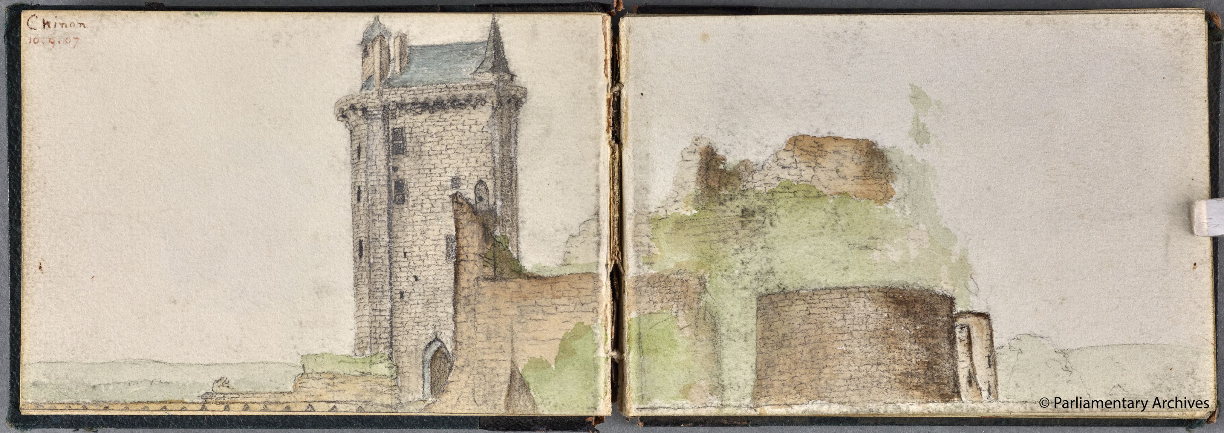 Painting of dilapidated tower