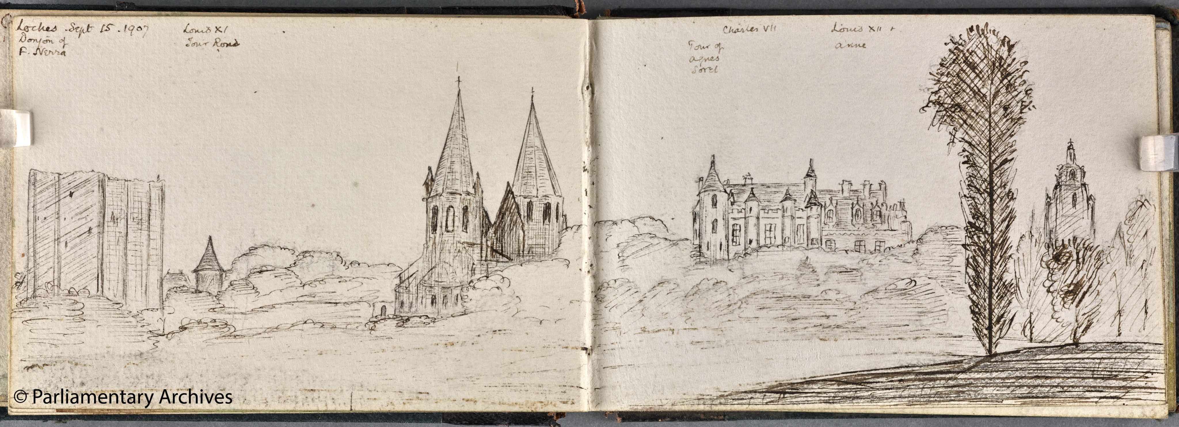 drawing of grand buidlingsin the courntryside