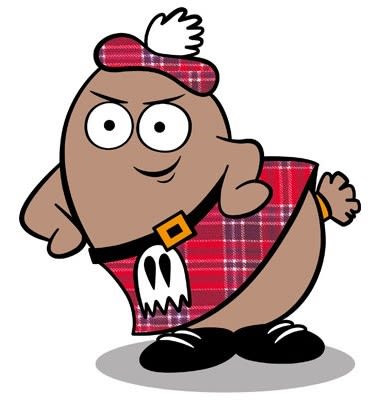 Haggeye's cartoon logo is a cute cartoon haggis wearing a tartan beret with a white tuft and kilt and sporran. It's standing at a jaunty angle with its hands on its hips.