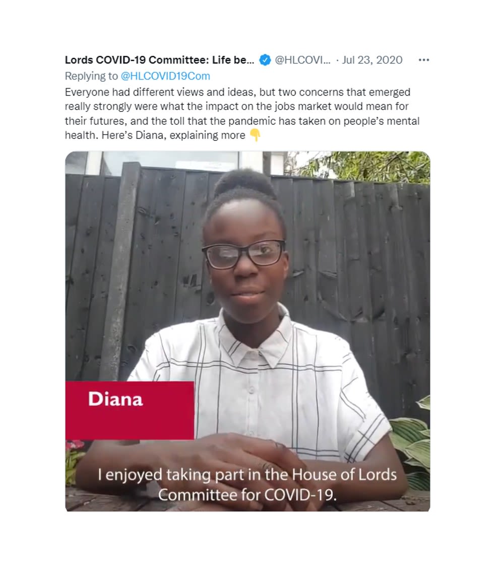Picture of a tweet posted by the House of Lords COVID-19 committee