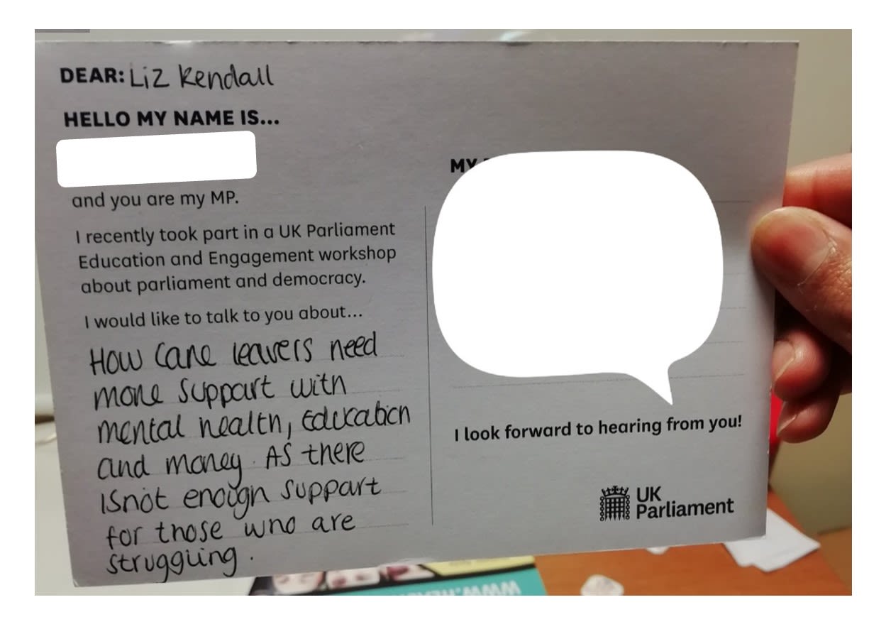 Picture of a postcard written to an MP by a workshop attendee