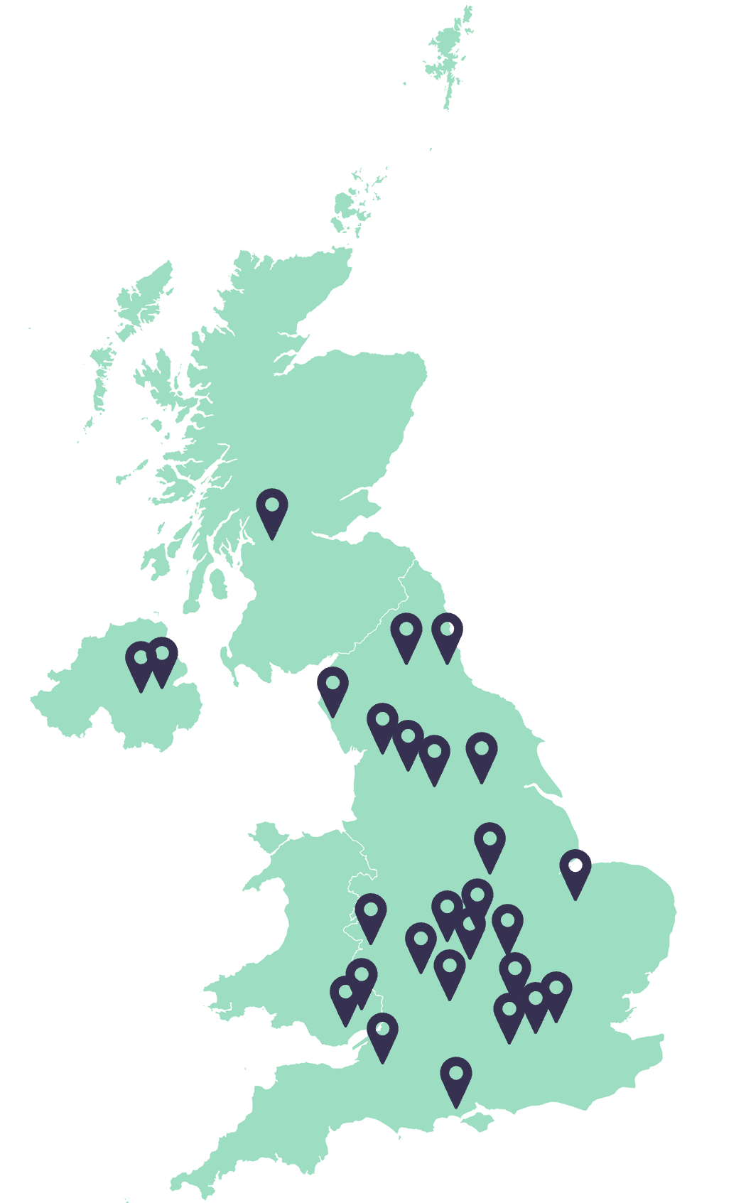 A map showing locations where outreach has taken place