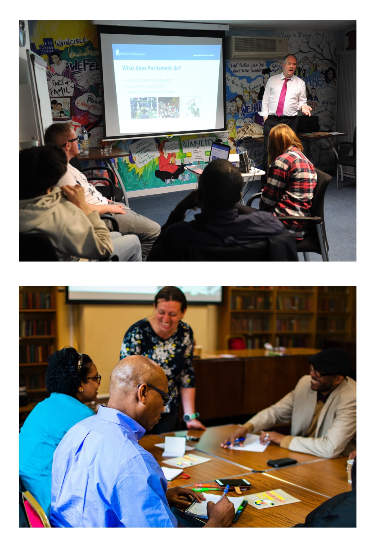 PPicture of two community outreach sessions run by UK Parliament