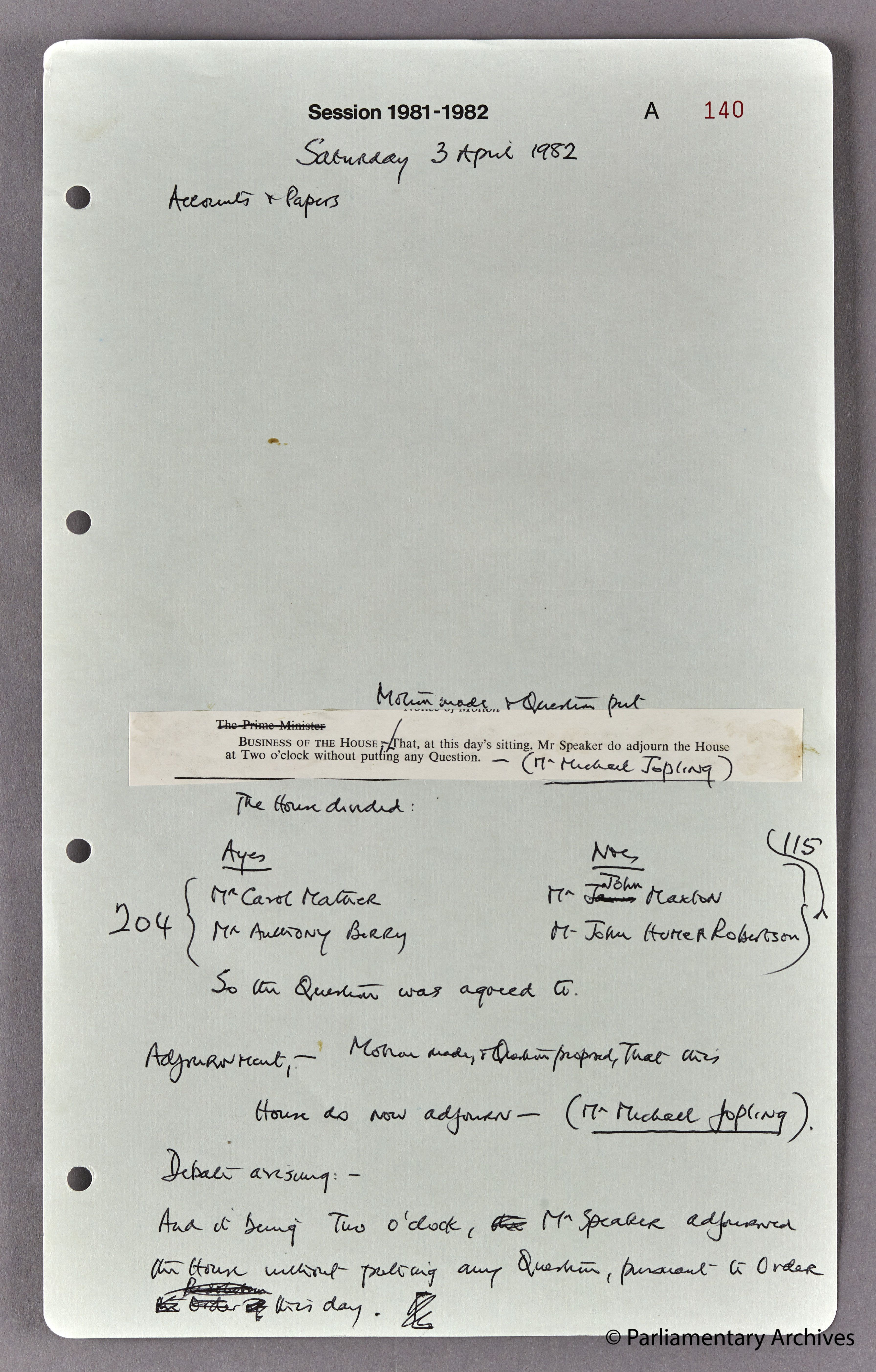 Draft House of Commons Journal minutes of the Saturday sitting