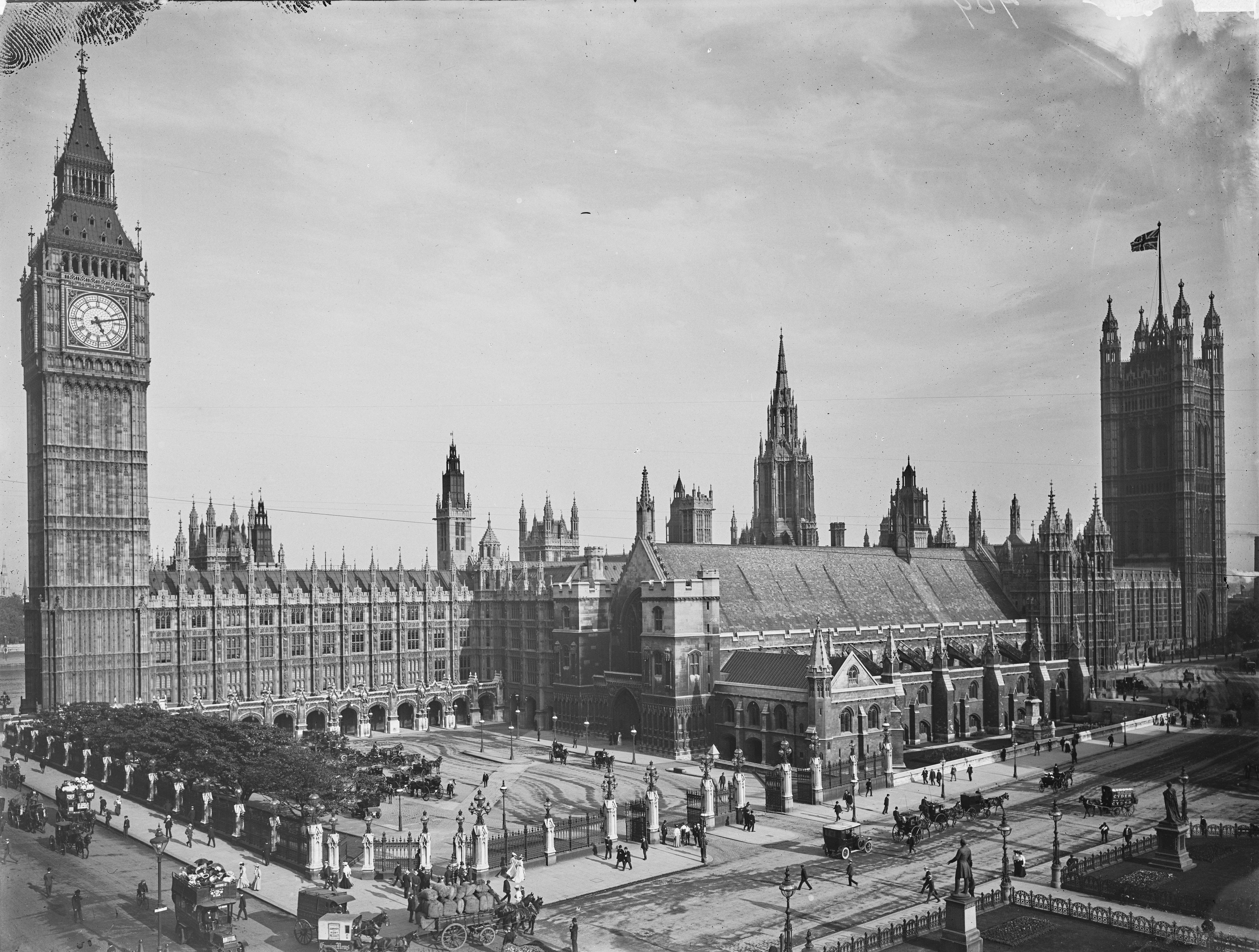 black and white photograph showing the palace of westminster