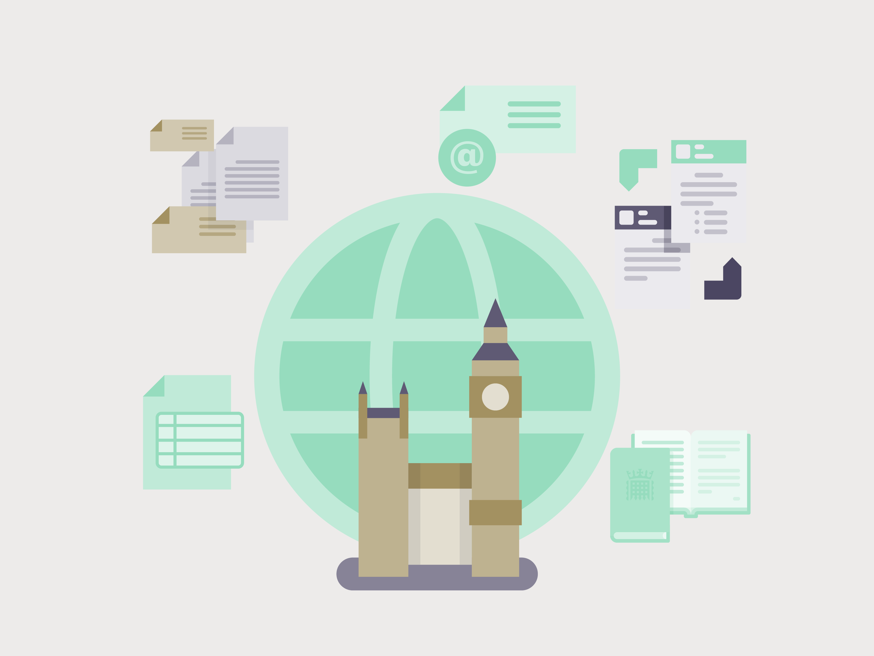 Illustration of the Palace of Westminster with documents surrounding it