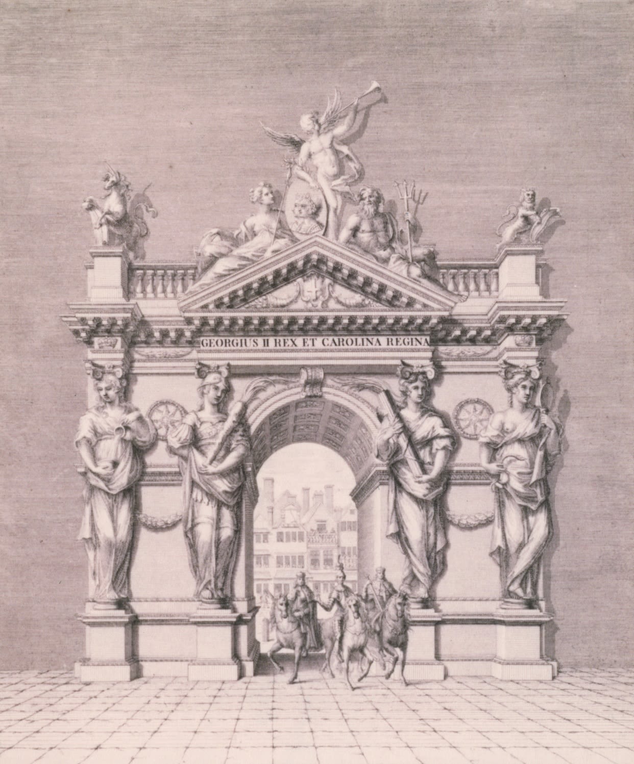 Black and white print showing an ornately decorated arch including large figures on the outside and on tp. People on horse back can be seen going through the arch.