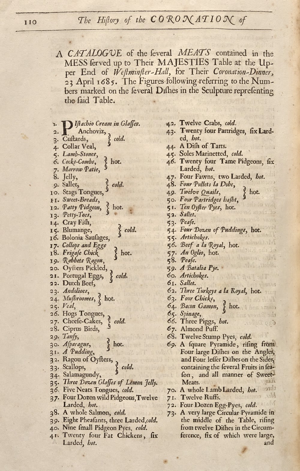 Printed document listing the food served at the banquet.