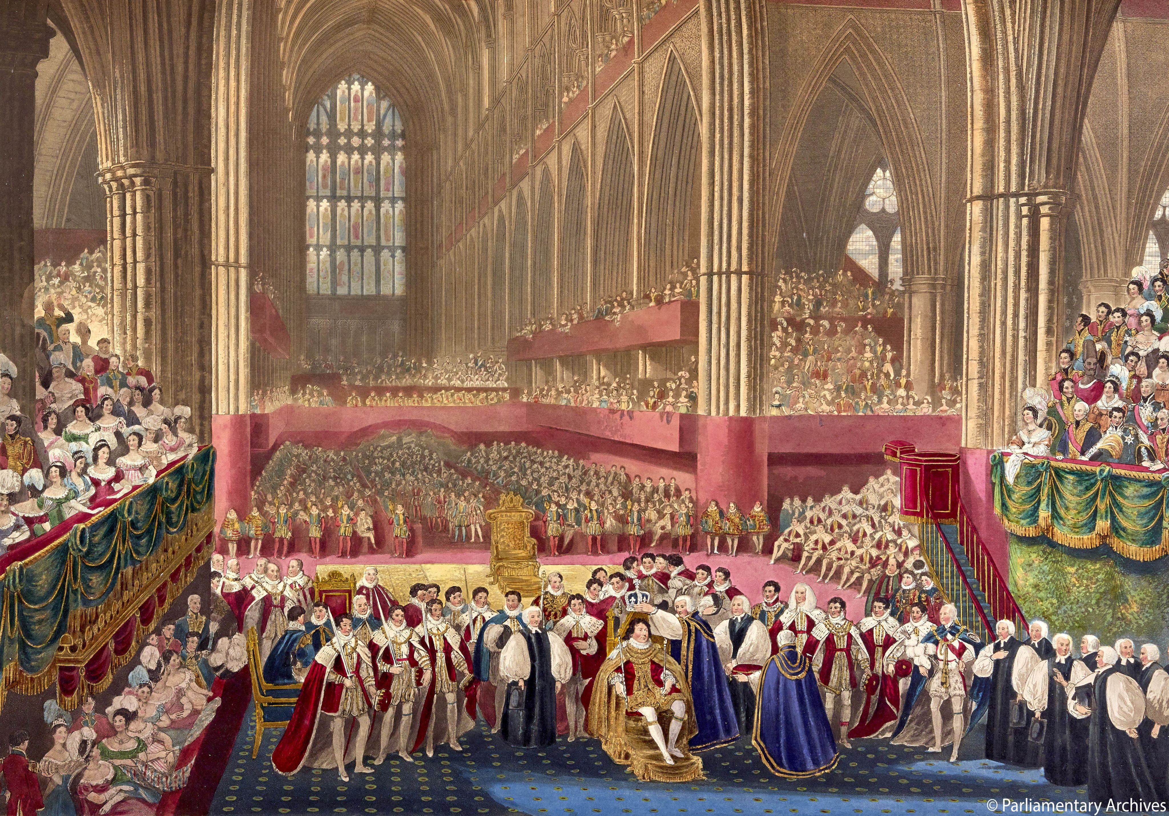 Colourful print showing men in Tudor dress standing around a someone being crowned. The building is grand has vaulted ceilings and there are spectators seated in the background.
