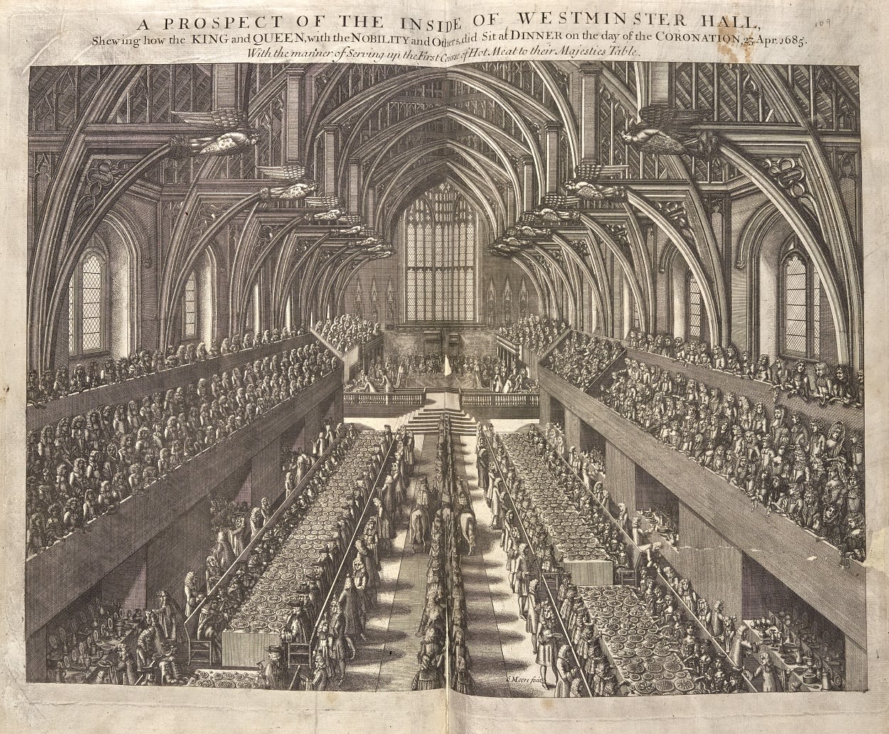 Image of Westminster Hall, showing two rows of tables either side of the hall. People sitting at the table and people on balconies above. There is also two people on horseback parading down the centre of the Hall.