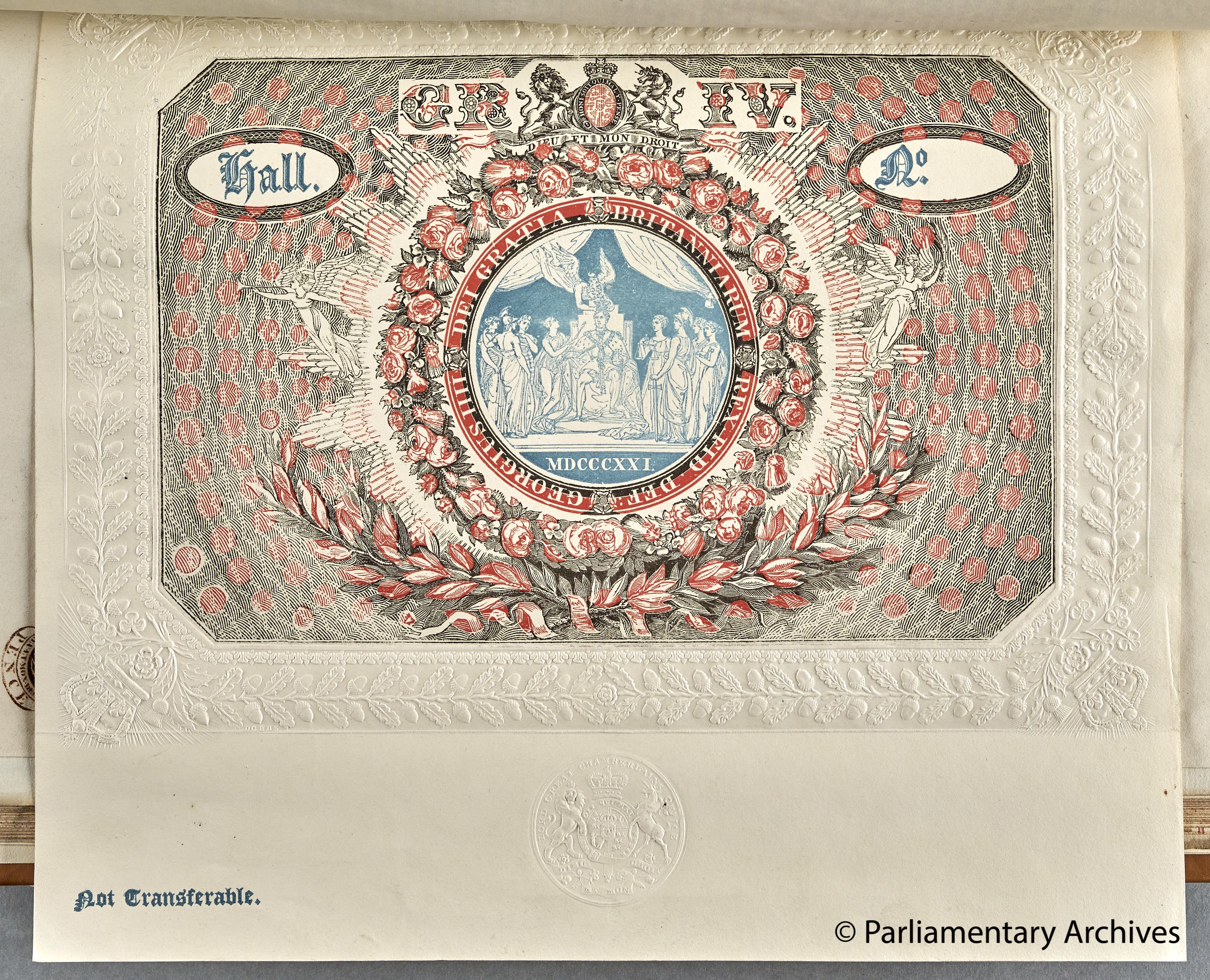 Ornately designed ticket. The designs around the outside of the ticket are mostly red and black, George IV royal cypher is at the top. There is a central image in blue and white showing a man being crowned surrounded by women.