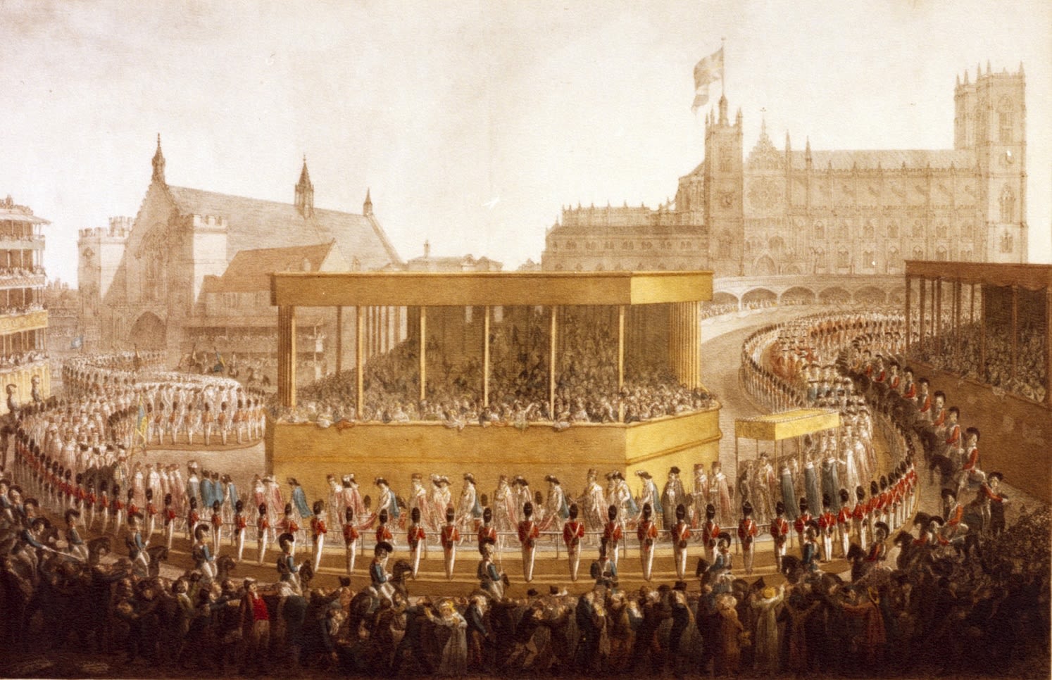 Colour lithograph depicting a procession looping from one medieval building to another. In the centre there is temporary gazebo structure housing large crowds,