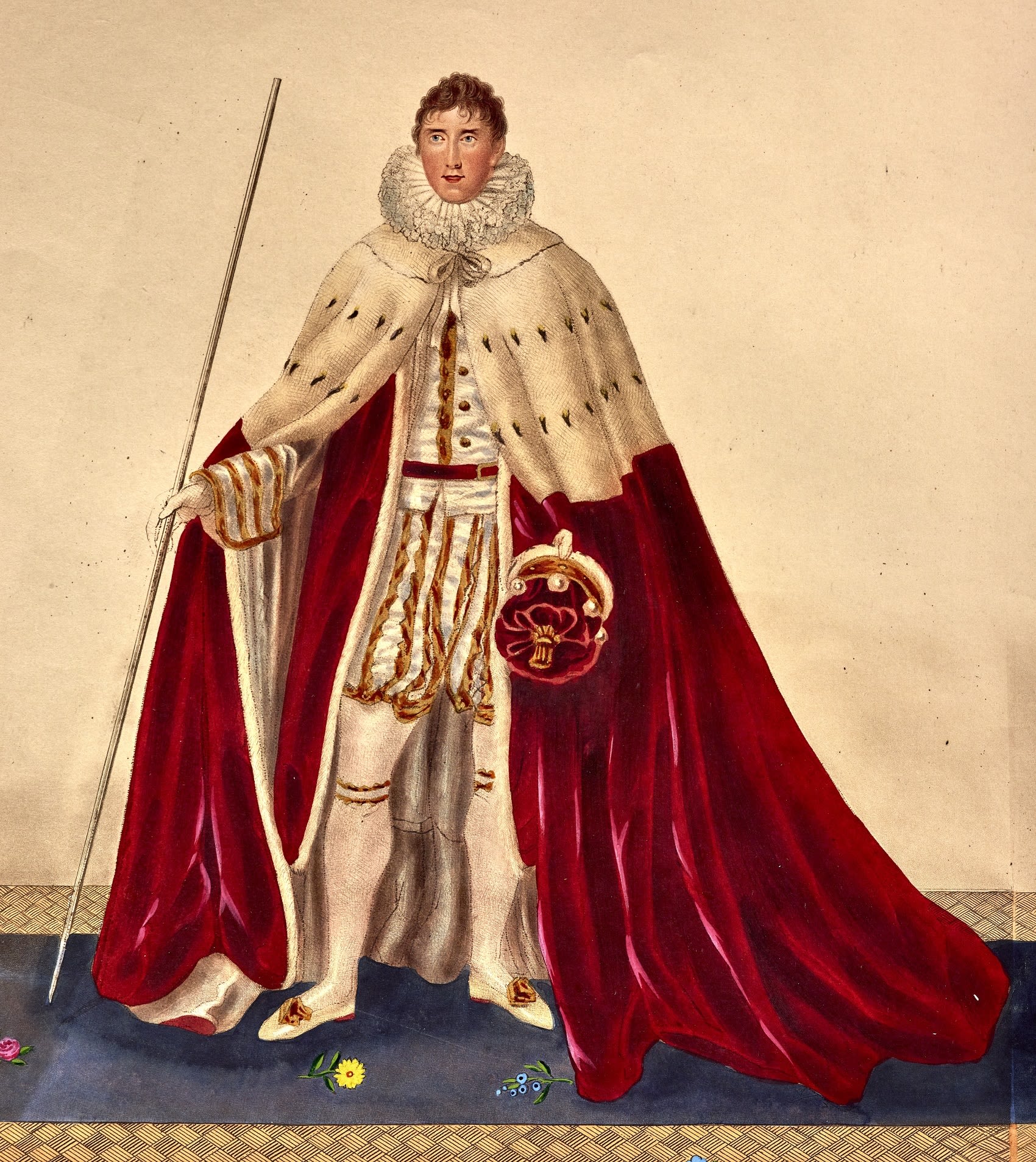 Colourful print of a young white man wearing Tudor dress. The man is carrying a staff and red fabric purse he is wearing a heavy fur robe.