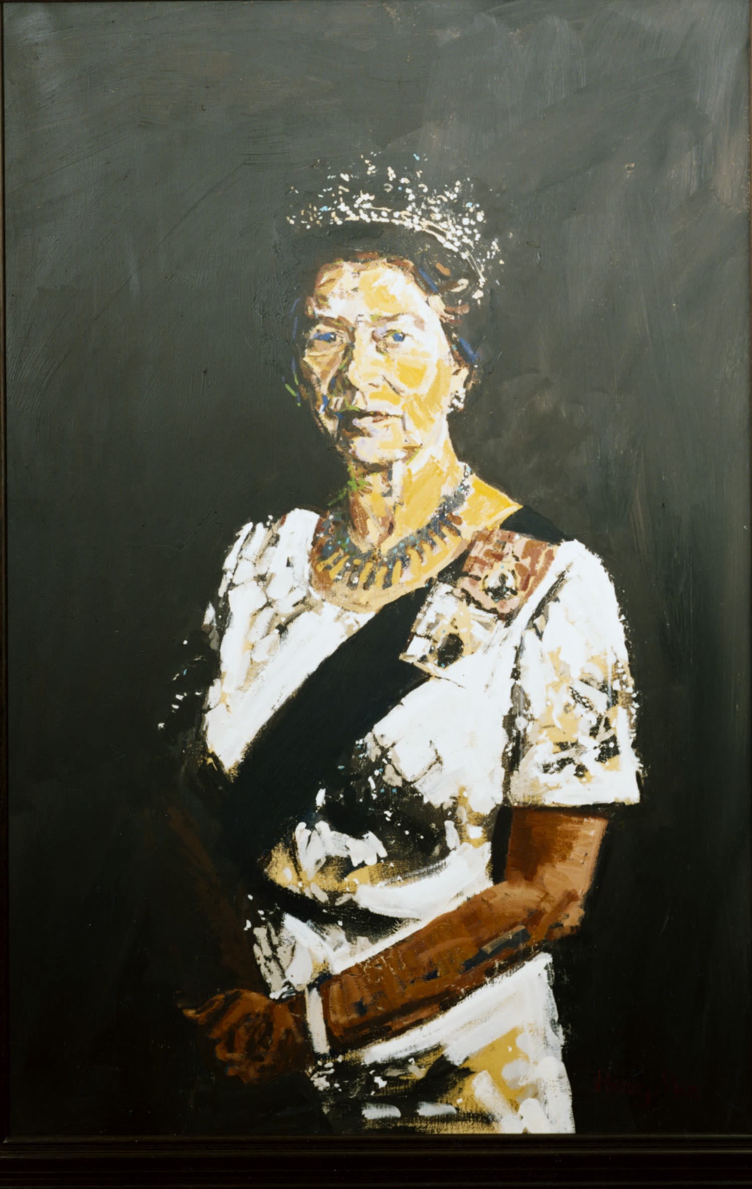 Painting of Queen Elizabeth II. She is wearing a crown and a necklace.
