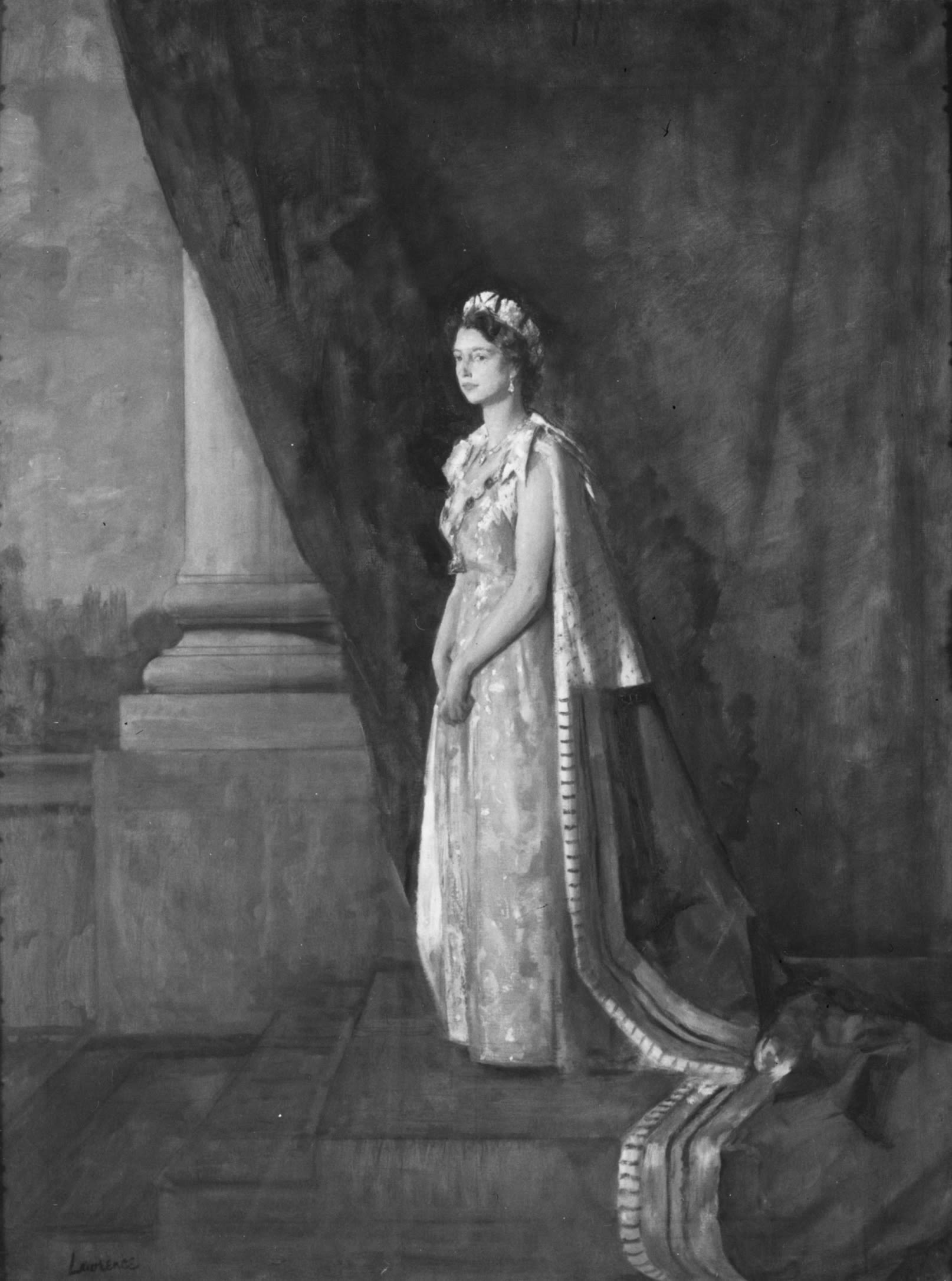 black and white image of a young Queen Elizabeth II