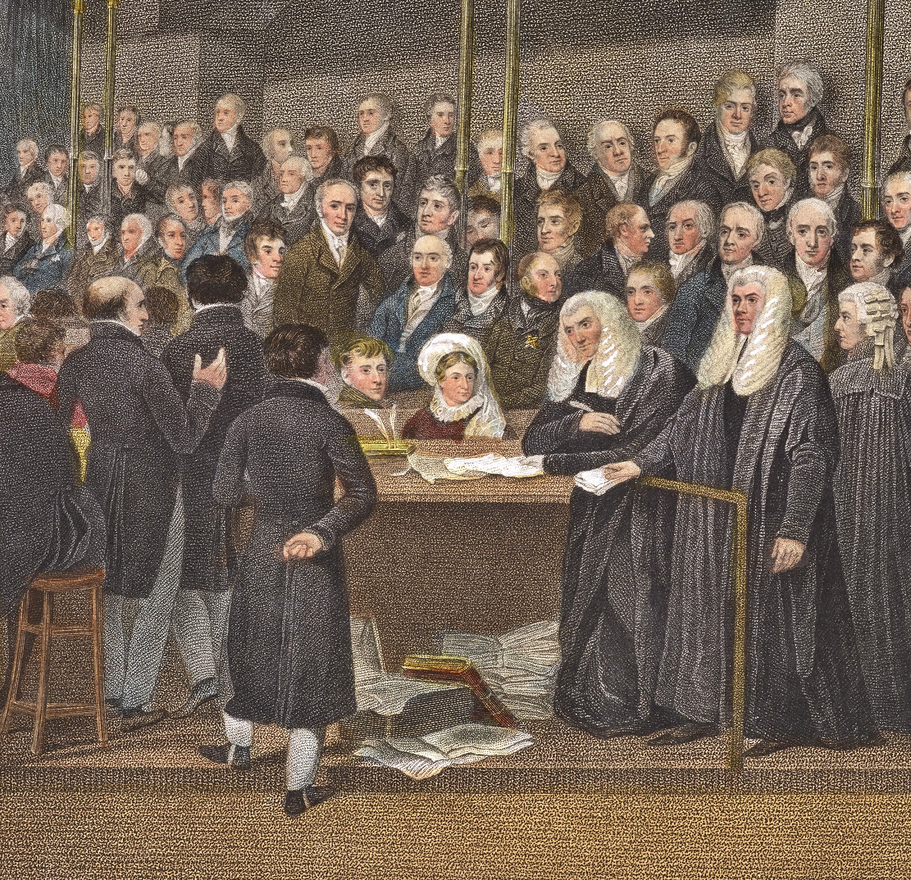 Queen Caroline surrounded by men in the Lords chamber.